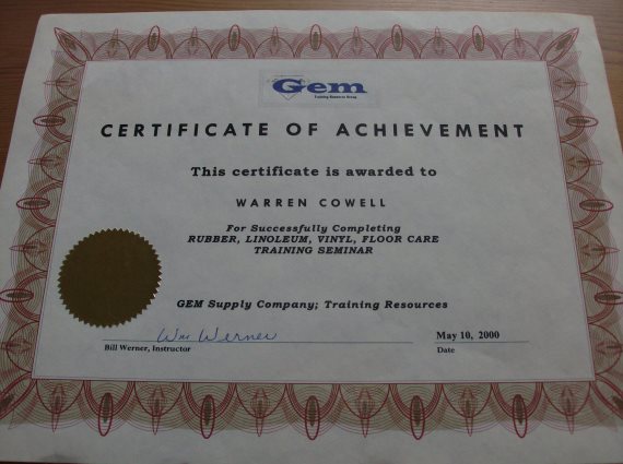 Certificate of achievement for Warren Covell from Gem Supply Company training seminar on rubber, linoleum, vinyl and floor...