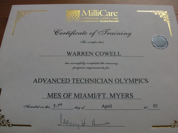 MilliCare certificate of training awarded to Warren Cowell for Advanced Technician Olympics in Miami/Ft. Myers